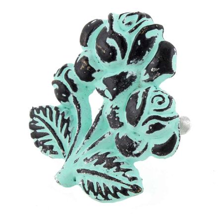 Aqua Rose With Branch Distressed Iron Dresser Knob